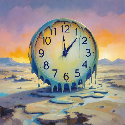 The primary subject of the image is a large, melting clock. The clock is situated in a desert-like environment, with mountains visible in the background. The visual style of the image is a combination of digital art and illustration, creating a surreal and artistic atmosphere. The dominant colors in the image are shades of blue and yellow, which contribute to the overall mood of the scene.